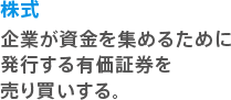 株式 企業が資金を集めるために発行する有価証券を売り買いする。